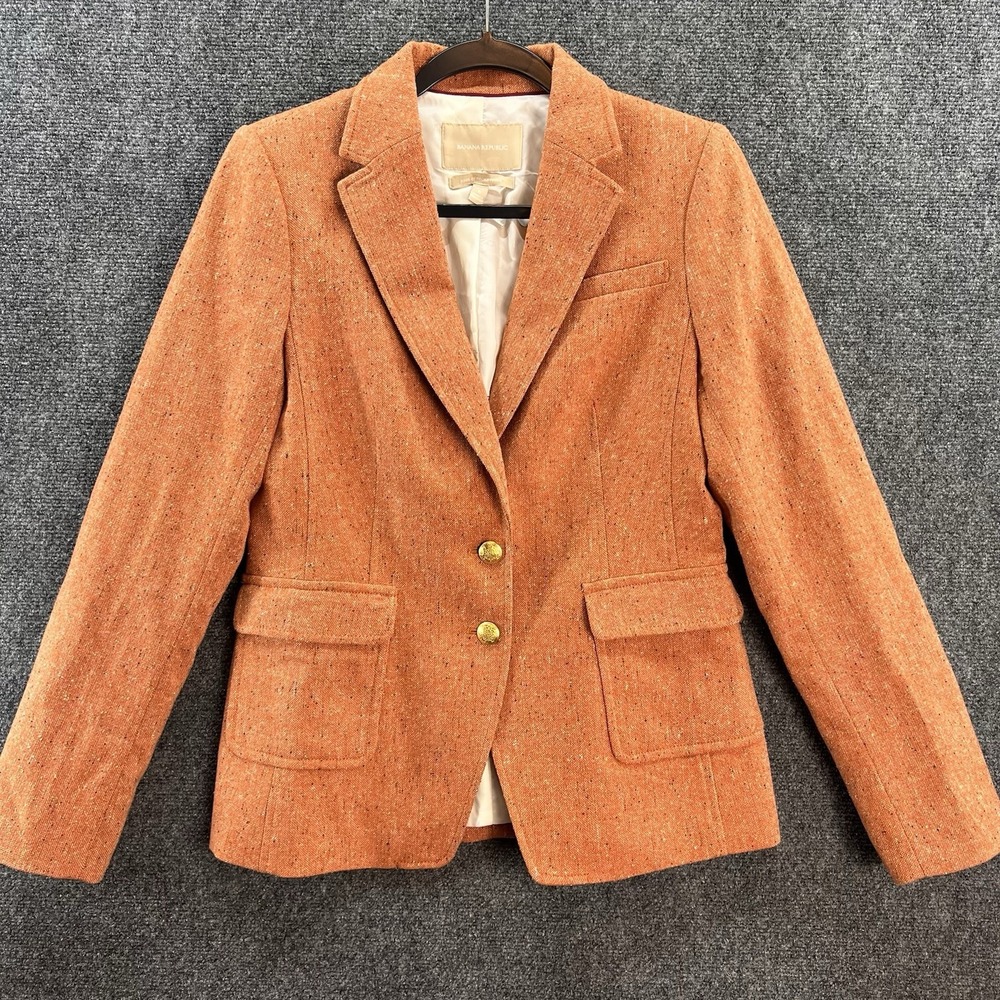 Banana Republic Italian Wool Blend Tweed Blazer 6 Burnt Orange Rust Elbow Patch